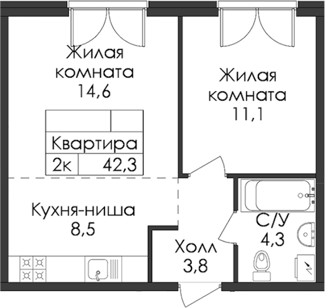 1-комнатная квартира 42.3 м², 2/7 эт., ЖК «Лермонтовский 54»